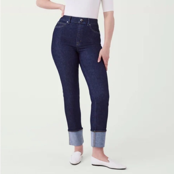SPANX Cuffed Straight Leg Denim Dark Wash Jeans in Raw Indigo Petite Extra Small - Picture 3 of 7